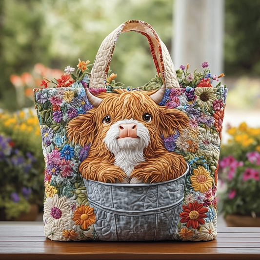 Highland Cow Meadow Quilted Tote Bag NCU0DK9350