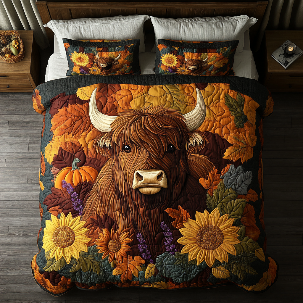 Highland Cow Valley 3-Piece Quilted Bedding Set NCU0DK9620