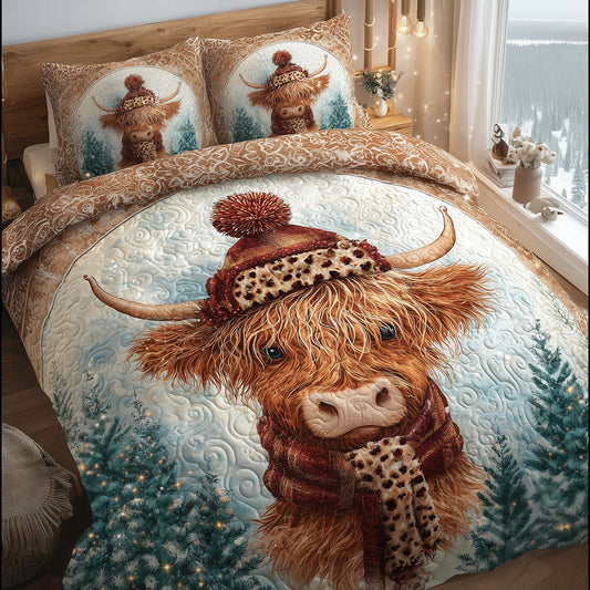 Highland Cow Winter Charm 3-Piece Quilted Bedding Set NCU0TH3906