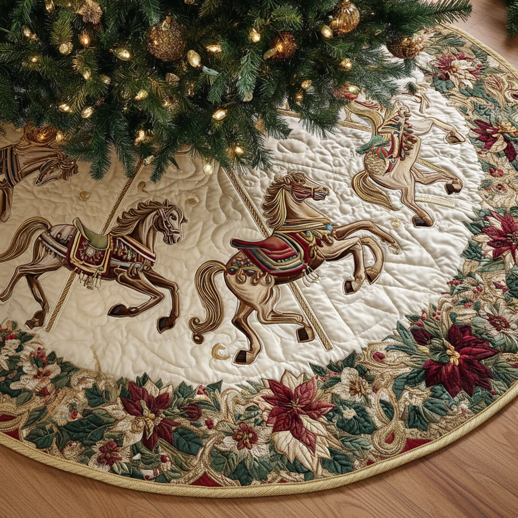 Holiday Carousel Horse Quilted Christmas Tree Skirt NCU0HH1164