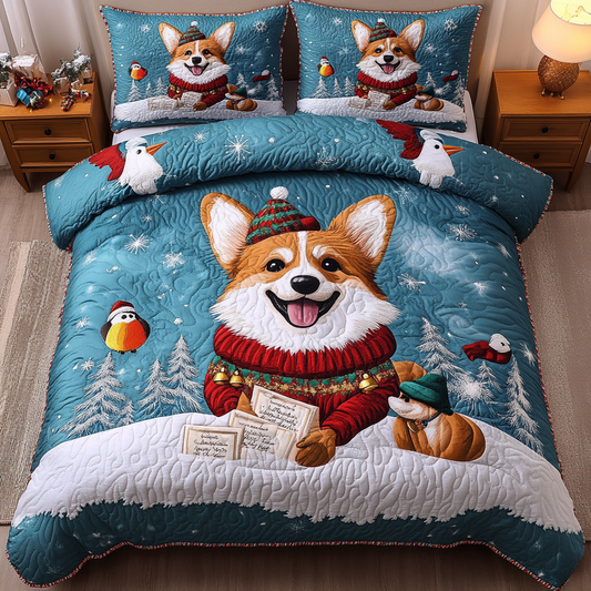 Holiday Corgi Cheer 3-Piece Quilted Bedding Set NCU0DK3042