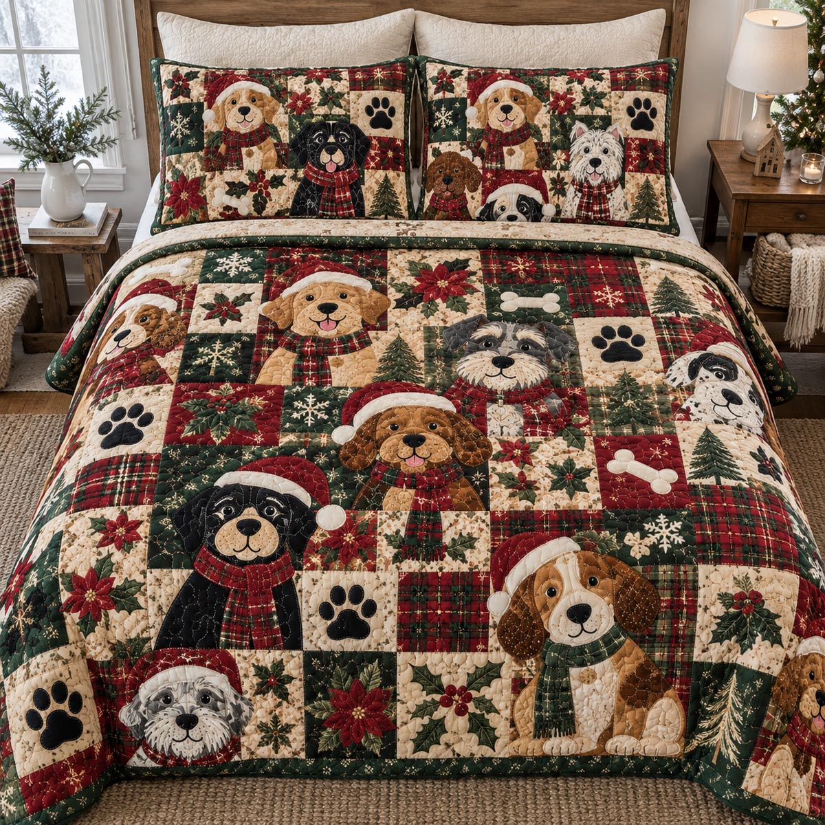 Holiday Dog Family 3-Piece Quilted Bedding Set NCU0DV10508