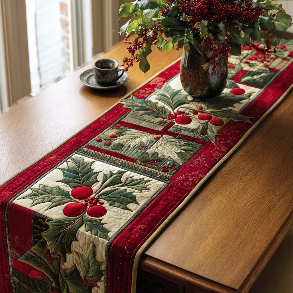 Holiday Holly Quilted Table Runner NCU0NT9986