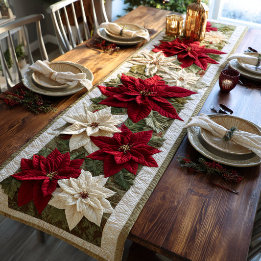 Holiday Poinsettia Drape Quilted Table Runner NCU0HH780