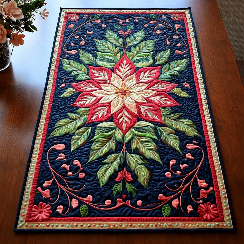 Holiday Poinsettia Splendor Quilted Table Runner NCU0TL1554