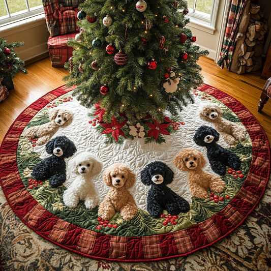 Holiday Poodle Charm Quilted Christmas Tree Skirt NCU0DV8082