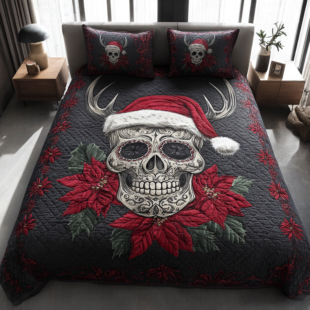 Holiday Skull Reindeer 3-Piece Quilted Bedding Set NCU0HH755