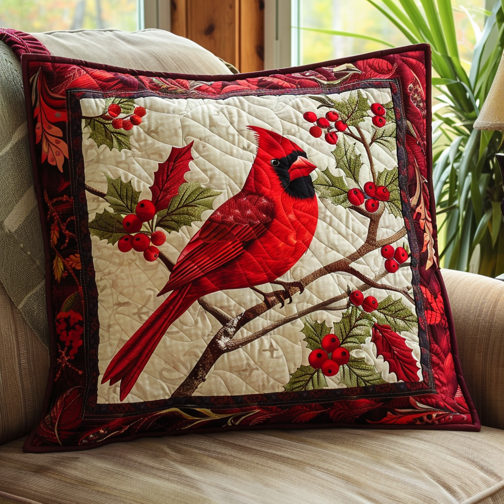 Holly Berry Cardinal Quilted Pillow Case NCU0TH072 Vantique holly-berry-cardinal-quilted-pillow-case-ncu0th072-vantique