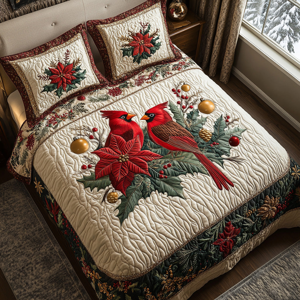 Holly Cardinals 3-Piece Quilted Bedding Set NCU0DV7373