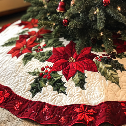 Holly Poinsettia Christmas Quilted Tree Skirt NCU0VH331
