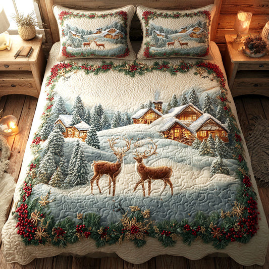 Holly Reindeer 3-Piece Quilted Bedding Set NCU0TV1252