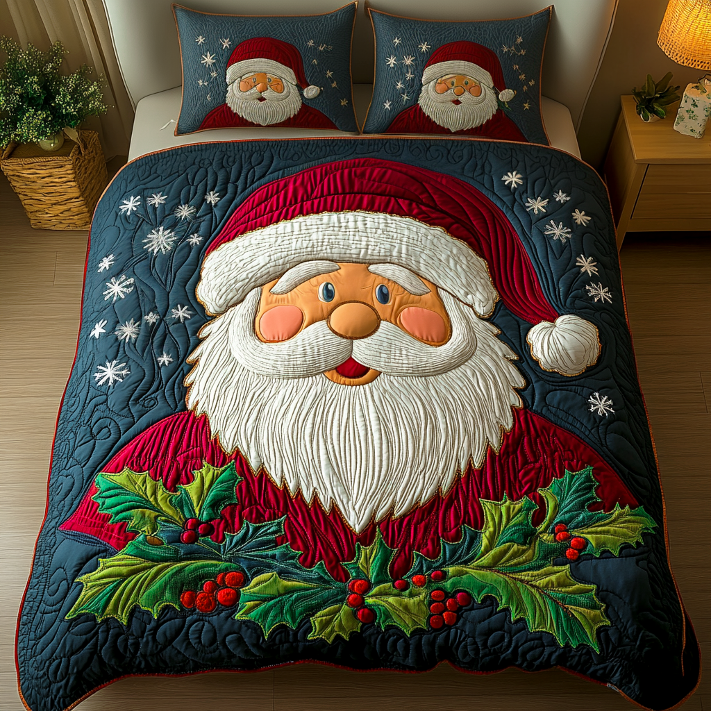 Holly Santa 3-Piece Quilted Bedding Set NCU0VH692