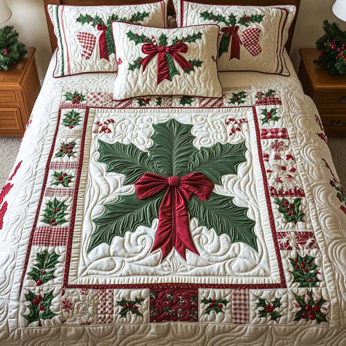 Holly Star Bow 3-Piece Quilted Bedding Set NCU0XD596