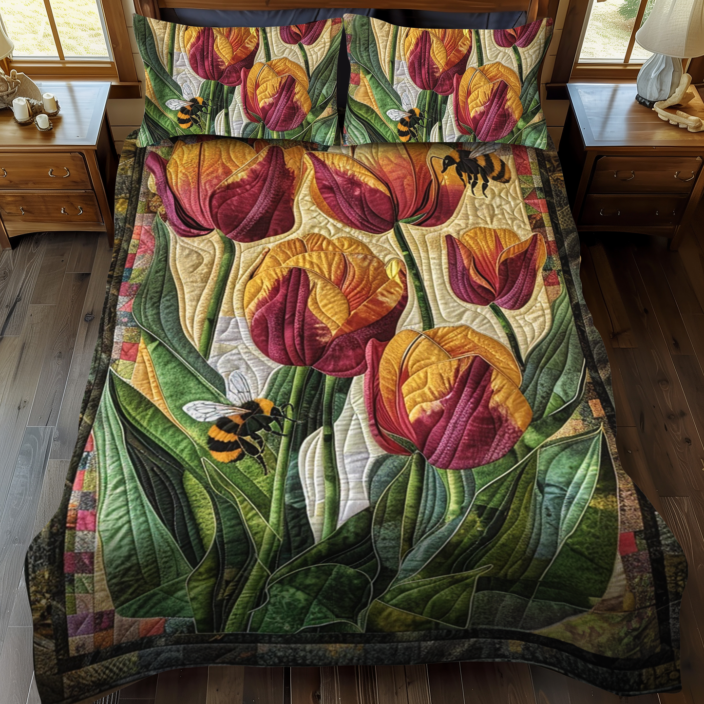 Honeybee Flower Garden 3-Piece Quilted Bedding Set NCU0NT011