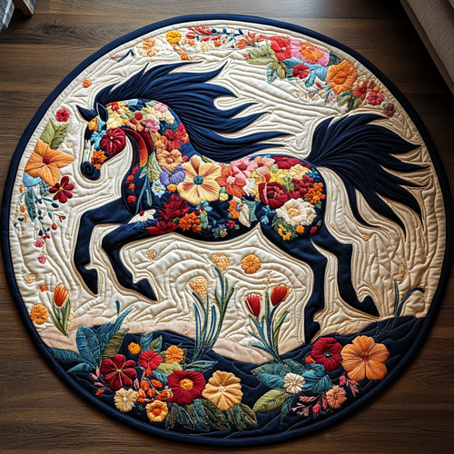 Horse Lover Floral Quilted Round Mat NCU0PD825