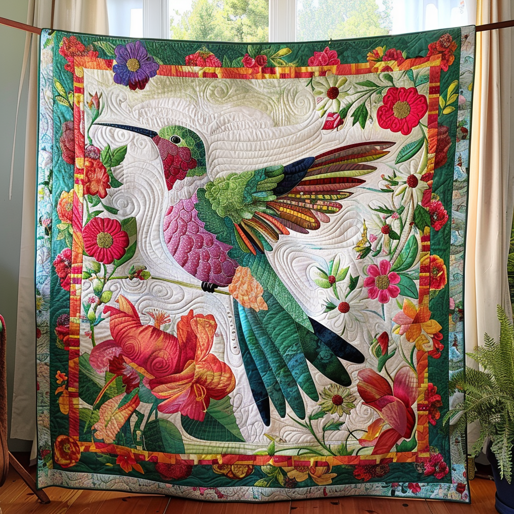 Hummingbird And Blossoms Quilted Blanket NCU0PD271