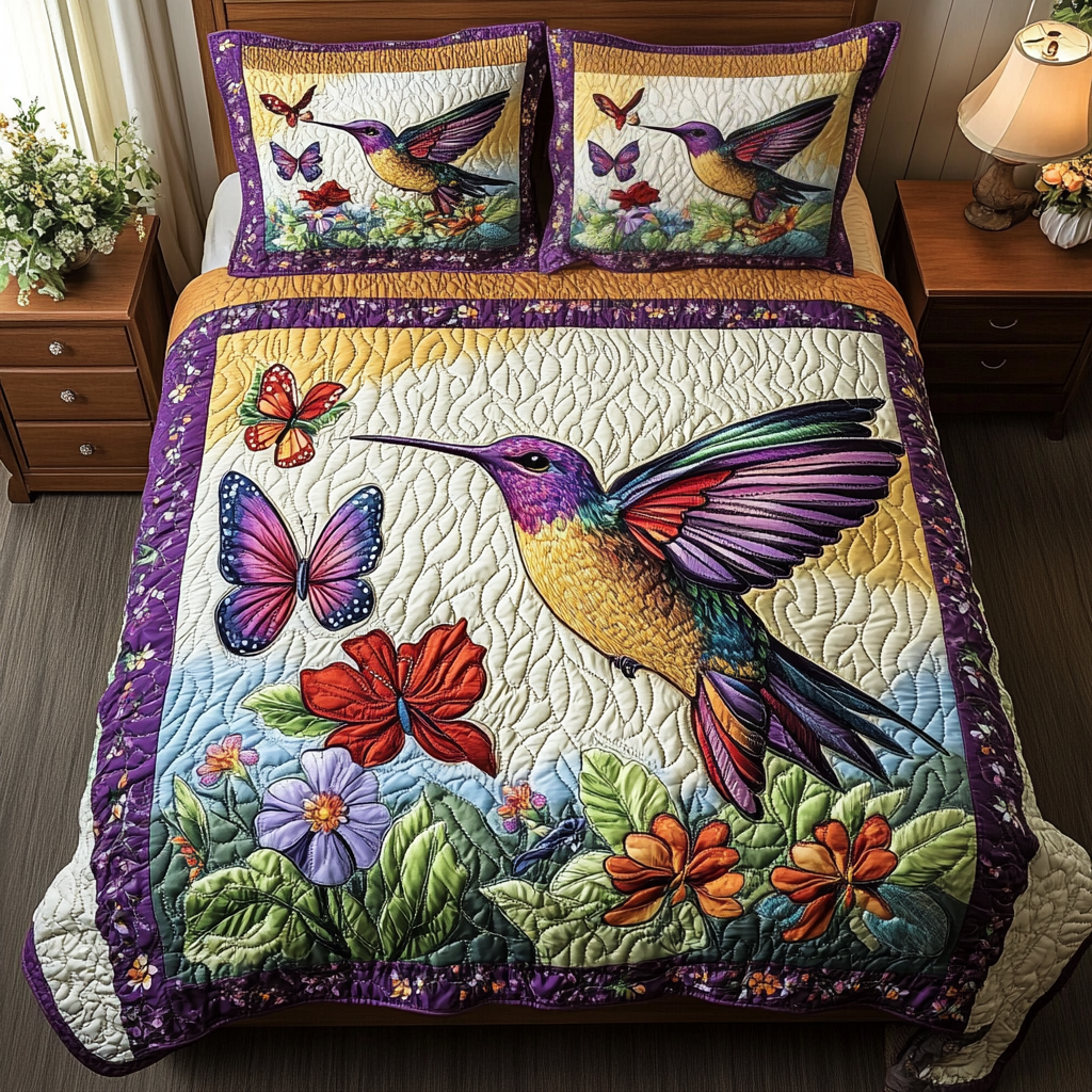 Hummingbird Bloom 3-Piece Quilted Bedding Set NCU0DK11041