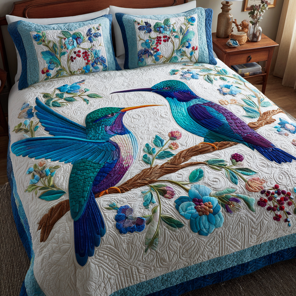 Hummingbird Delight 3-Piece Quilted Bedding Set NCU0DK11046