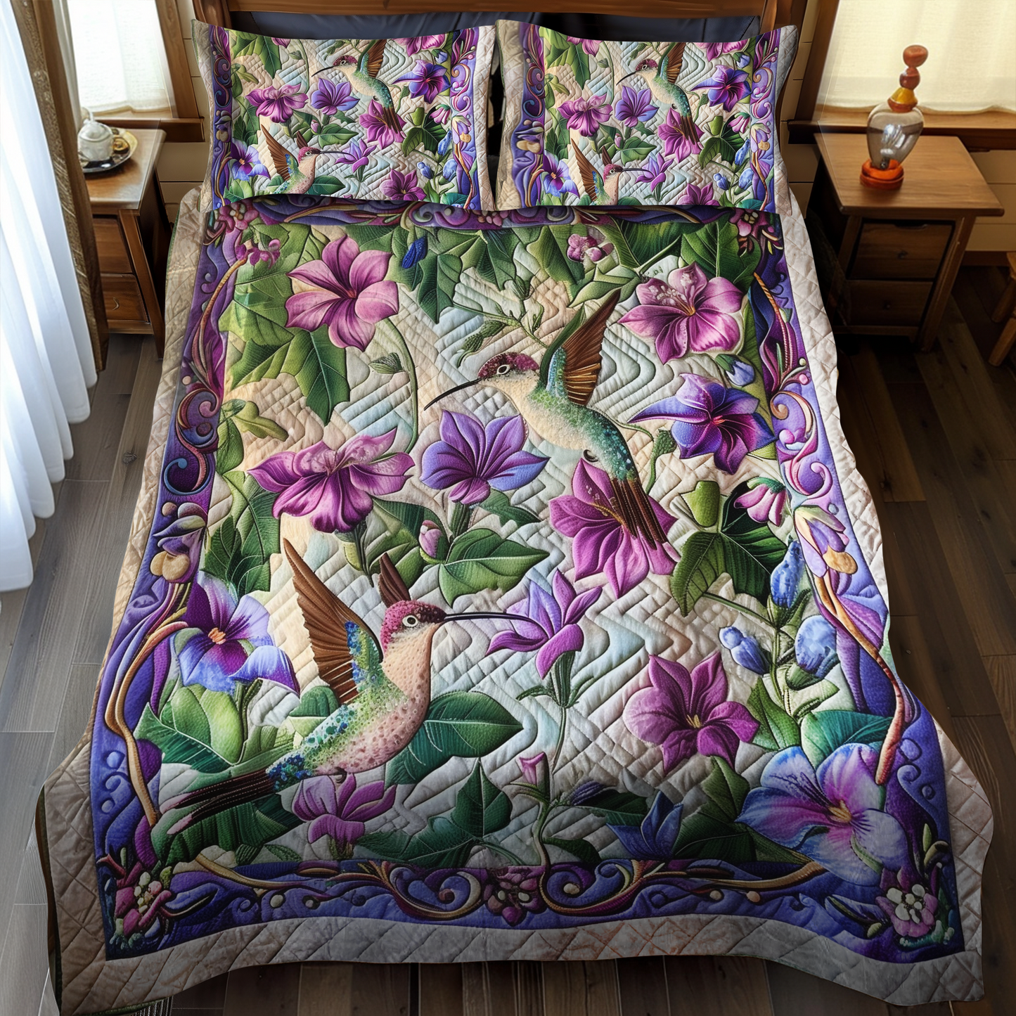 Hummingbird Paradise 3-Piece Quilted Bedding Set NCU0PT022