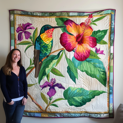 Hummingbird With Tropical Hibiscus Quilted Blanket NCU0PT005