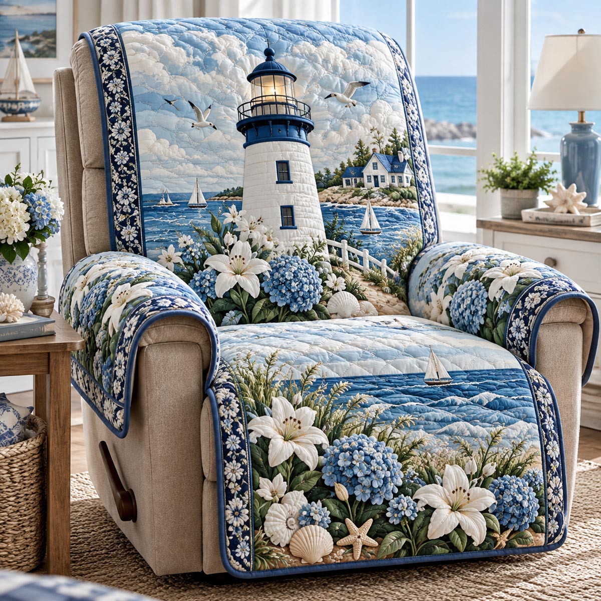 Hydrangea Lighthouse Harbor Quilted Sofa Cover NCU0DV10324