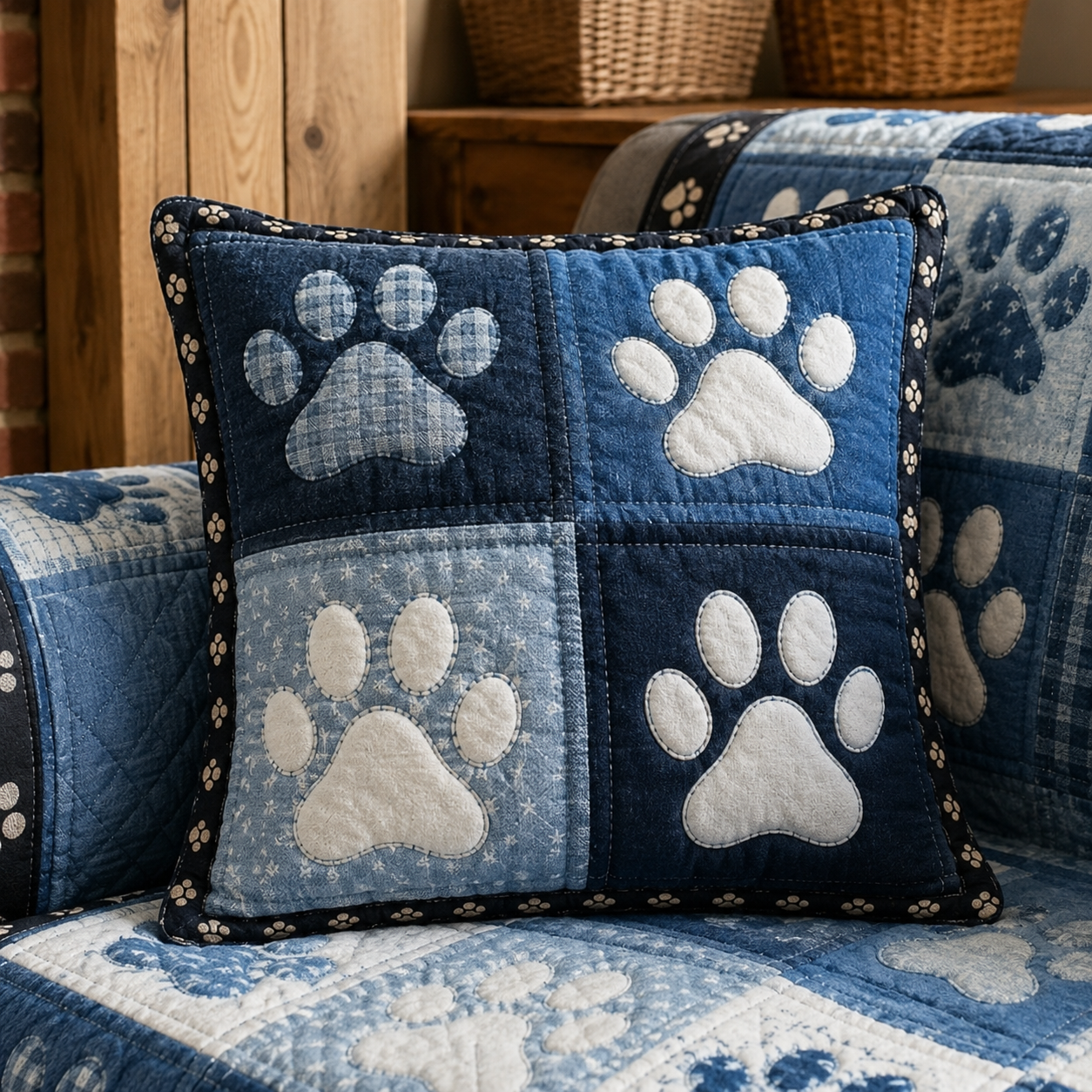 Indigo Paw Patchwork Quilted Pillow Case NCU0TV1949