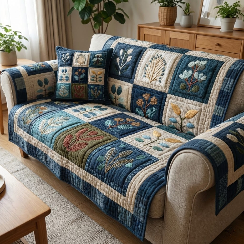 Indigo Sprigs Quilted Sofa Cover NCU0VL3341