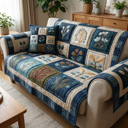 Indigo Sprigs Quilted Sofa Cover NCU0VL3341