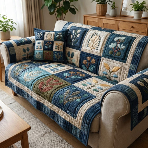Indigo Sprigs Quilted Sofa Cover NCU0VL3341