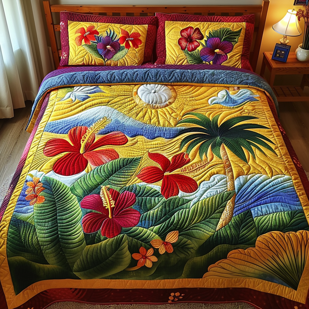 Hibiscus 3-Piece Quilted Bedding Set NCU0VT135