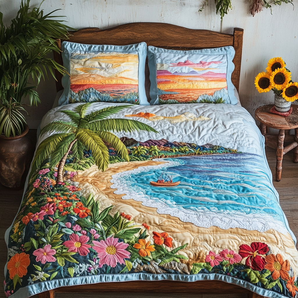 Island Bloom 3-Piece Quilted Bedding Set NCU0VL1751