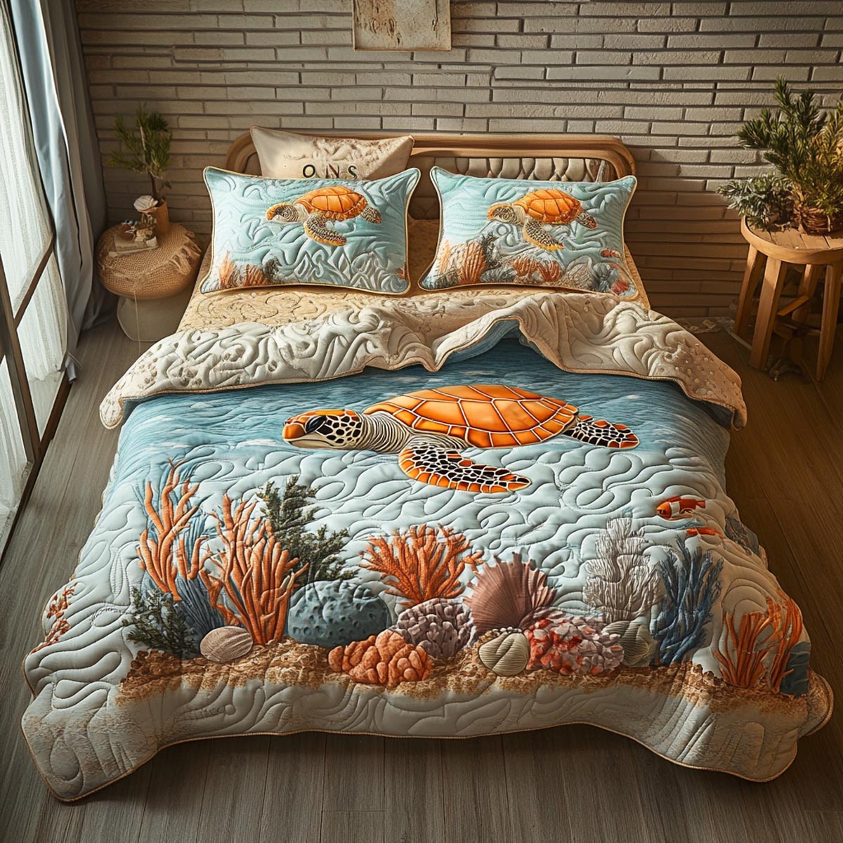 Island Turtle 3-Piece Quilted Bedding Set NCU0DV9452
