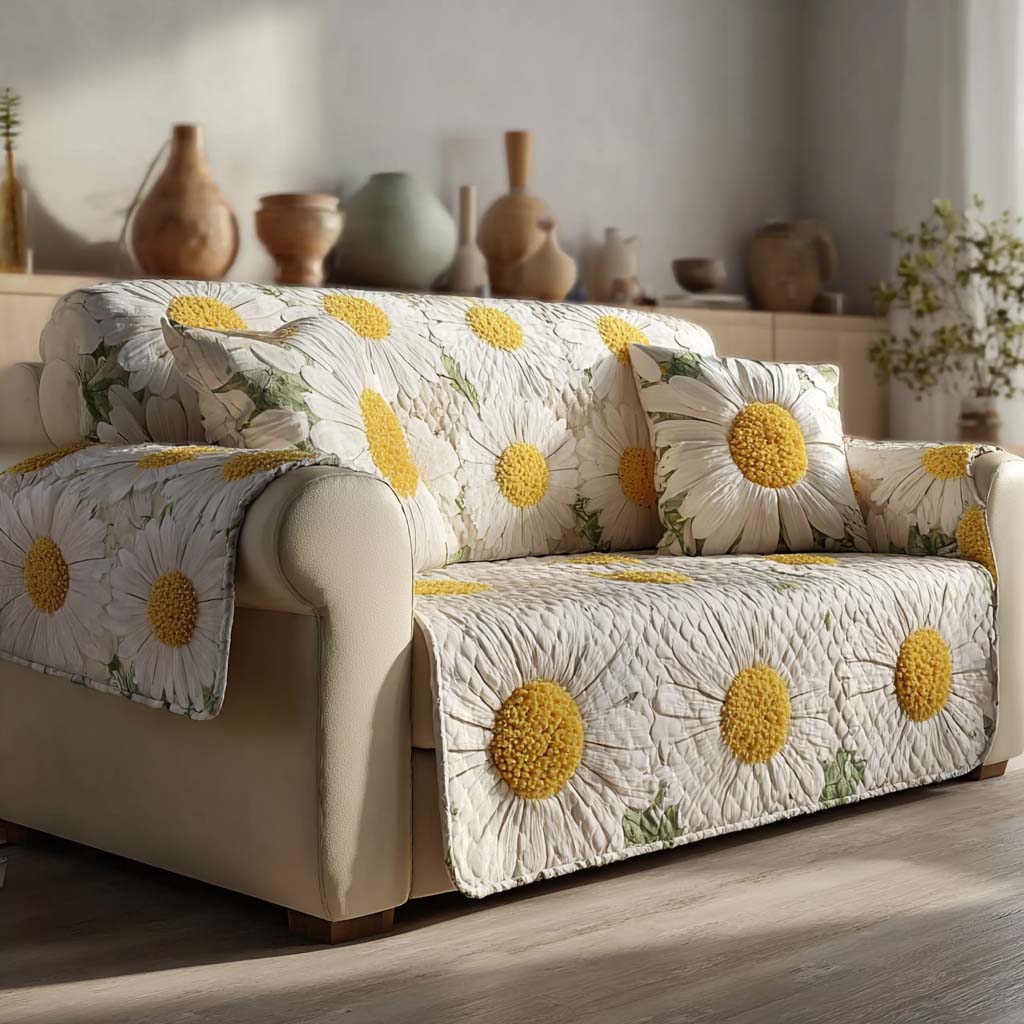 Ivory Daisy Quilted Sofa Cover NCU0HH1835