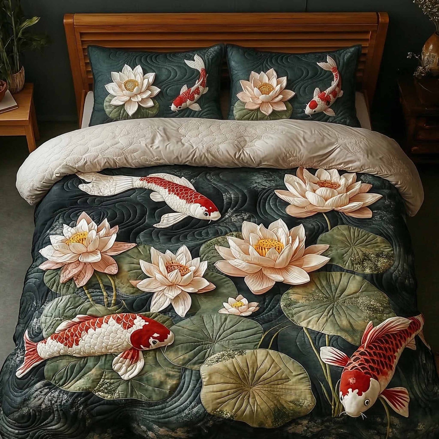 Ivory Lotus 3-Piece Quilted Bedding Set NCU0XD2634
