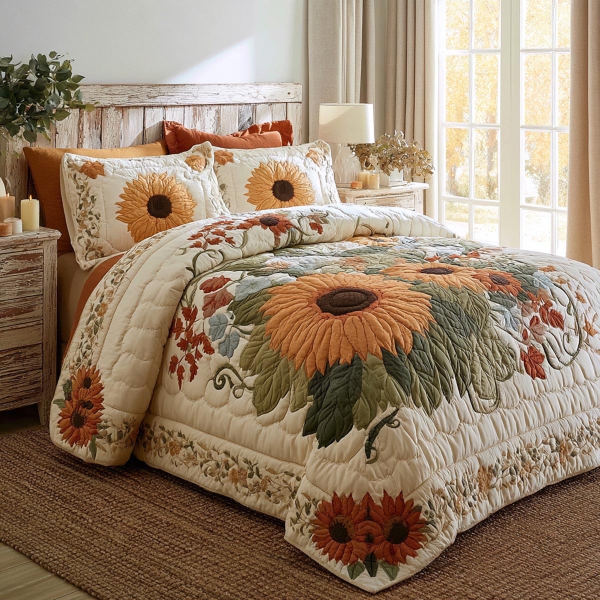 Ivory Sunflower Bloom 3-Piece Quilted Bedding Set NCU0DV10164