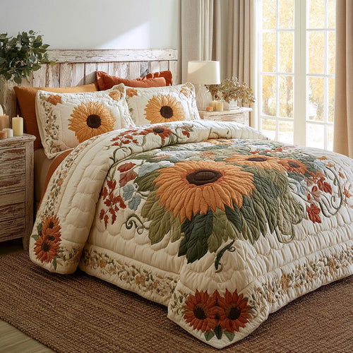 Ivory Sunflower Bloom 3-Piece Quilted Bedding Set NCU0DV10164