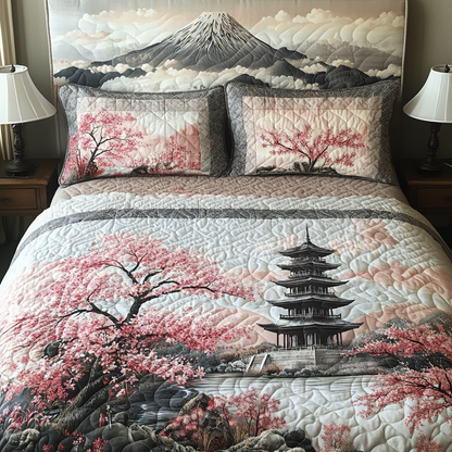 Japan Cherry Blossom Pagoda 3-Piece Quilted Bedding Set NCU0DV5453