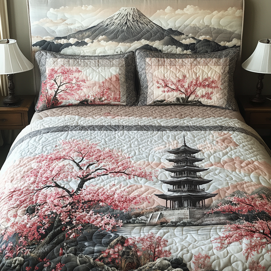 Japan Cherry Blossom Pagoda 3-Piece Quilted Bedding Set NCU0DV5453
