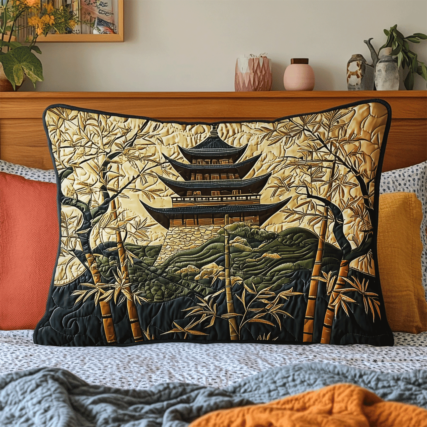 Japanese Pagoda Golden Path Quilted Bedding Pillow Case NCU0DV6398