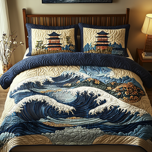 Japanese Pagoda Wave Charm 3-Piece Quilted Bedding Set NCU0DV5927