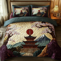 Japanese Retro Pagoda And Sakura 3-Piece Quilted Bedding Set NCU0DV5901