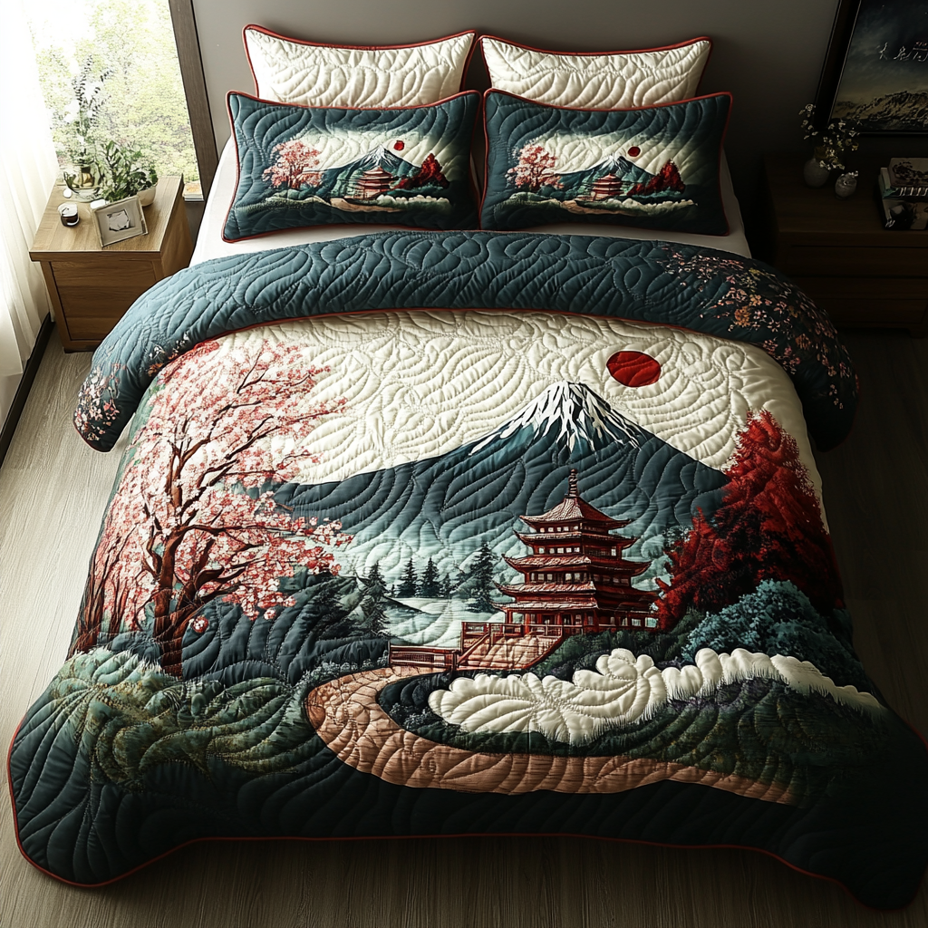 Japanese Ancient Pagoda 3-Piece Quilted Bedding Set NCU0DV5452 – Vantique