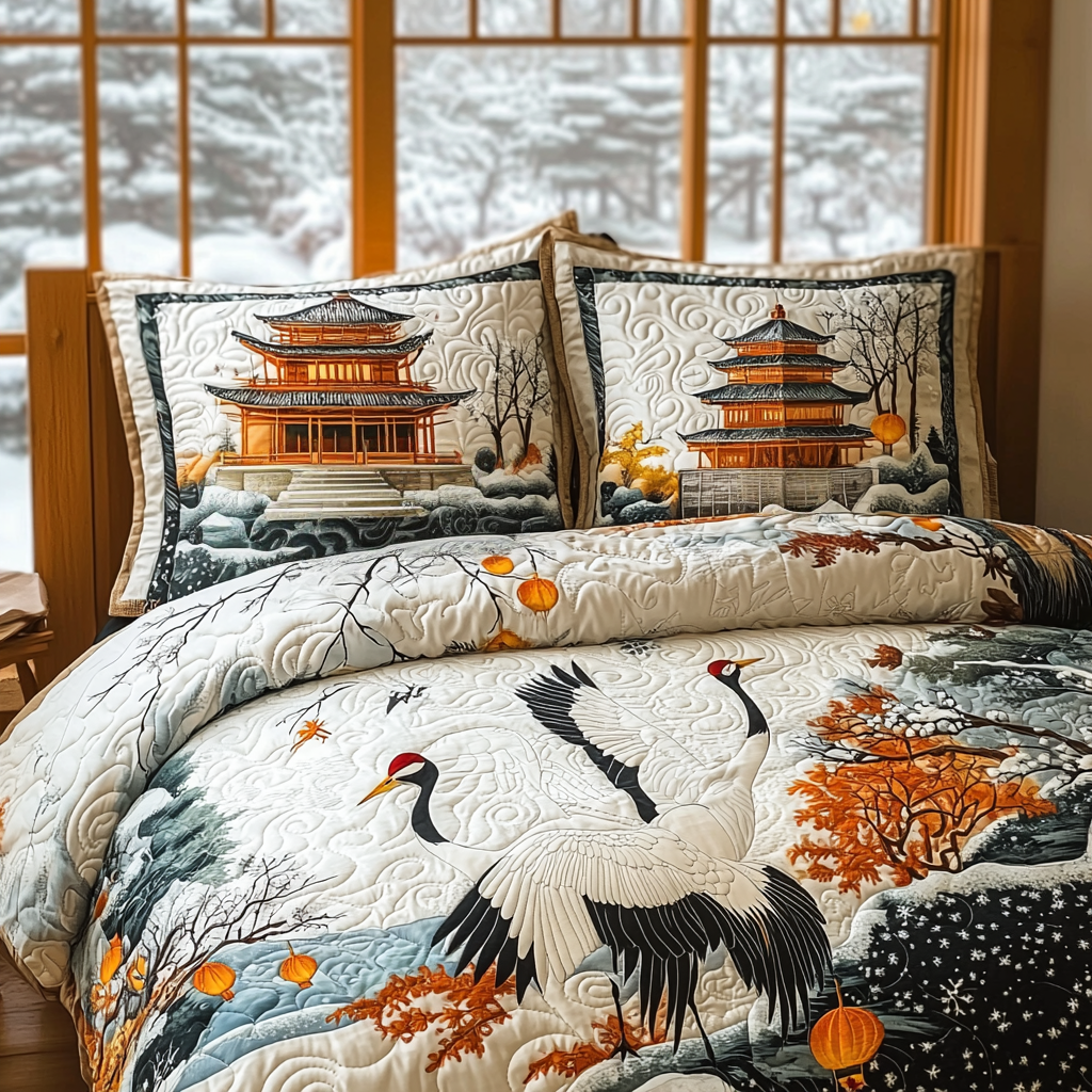 Japanese Crane Artistic Charm 3-Piece Quilted Bedding Set NCU0DV5917