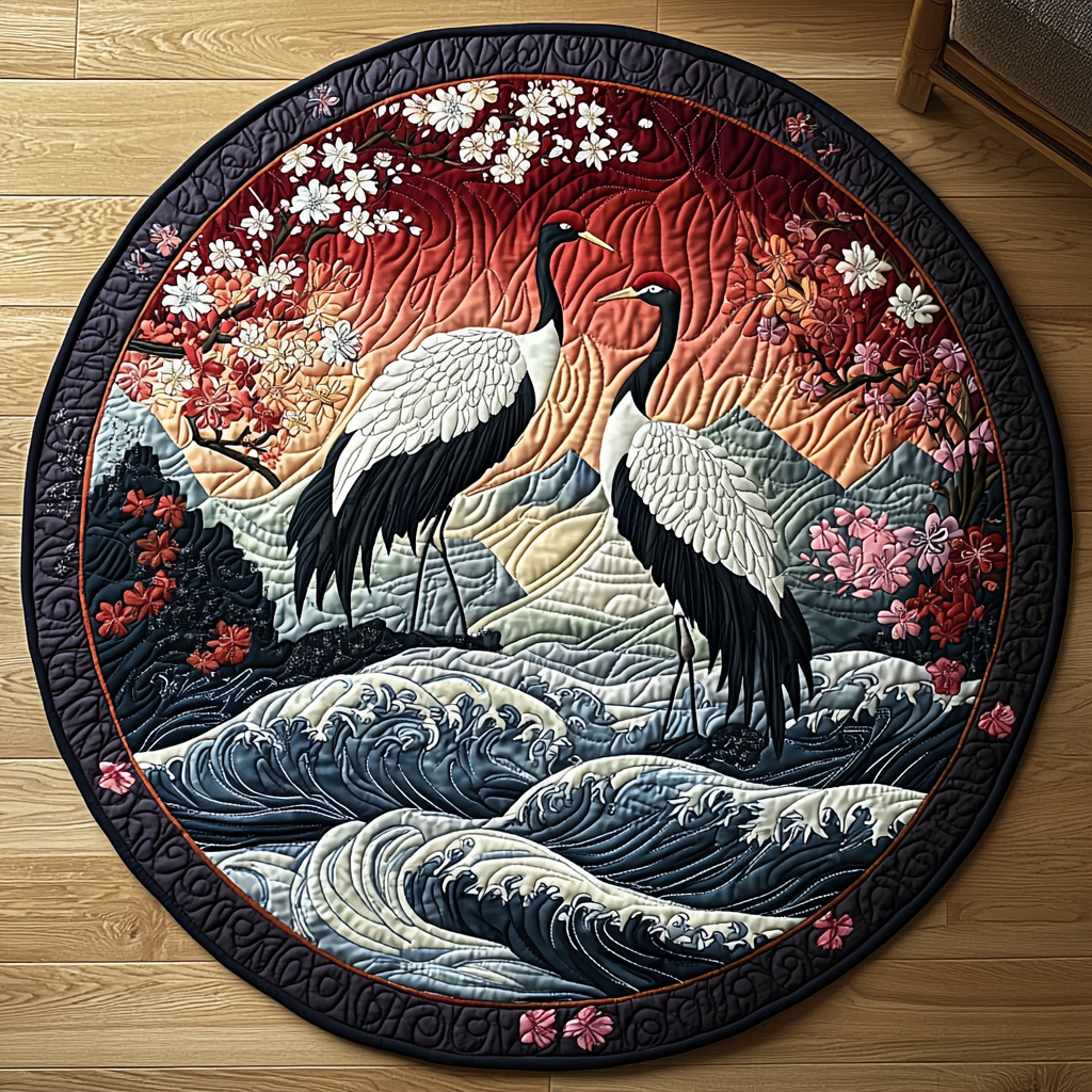 Japanese Crane Charm Quilted Round Mat NCU0DV6149