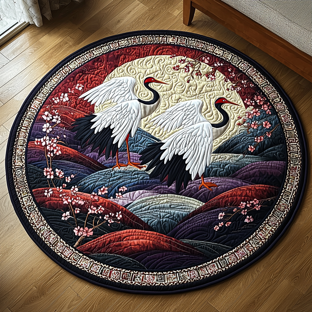 Japanese Crane Flying Quilted Round Mat NCU0DV6150