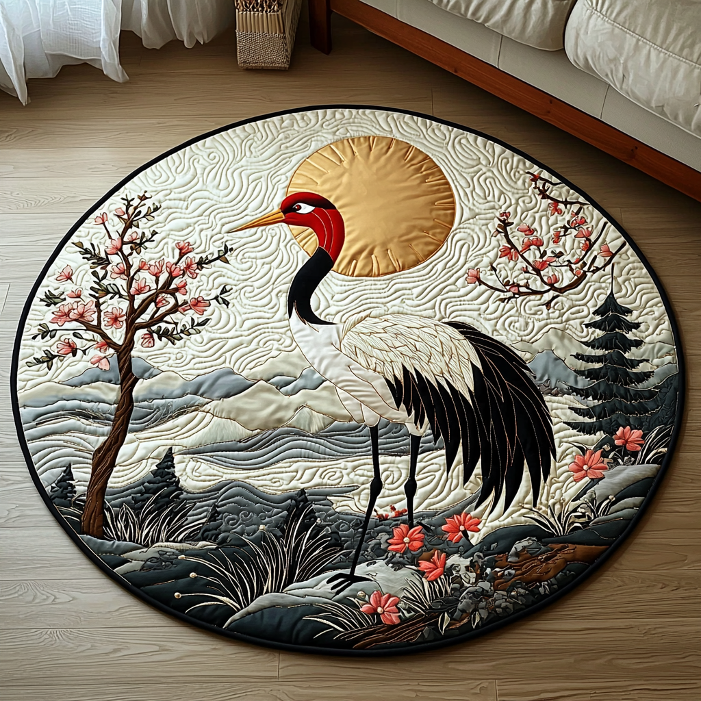 Japanese Crane Golden Sun Quilted Round Mat NCU0DV6147