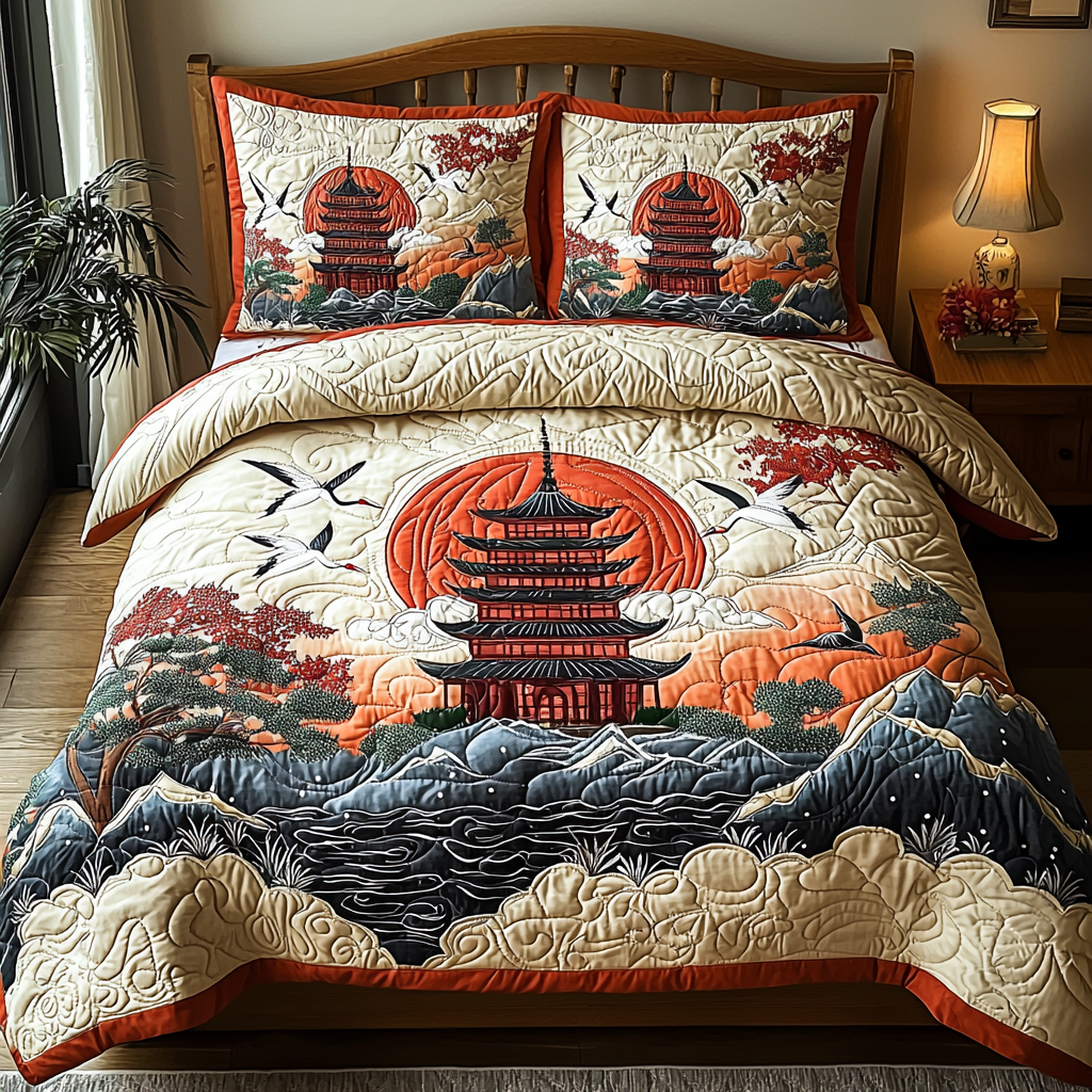 Japanese Crane Pagoda 3-Piece Quilted Bedding Set NCU0DV5919