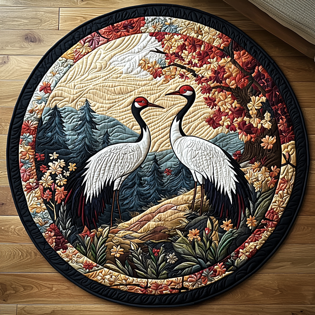 Japanese Crane Scenery Quilted Round Mat NCU0DV6148