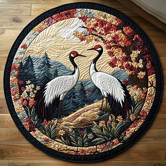 Japanese Crane Scenery Quilted Round Mat NCU0DV6148