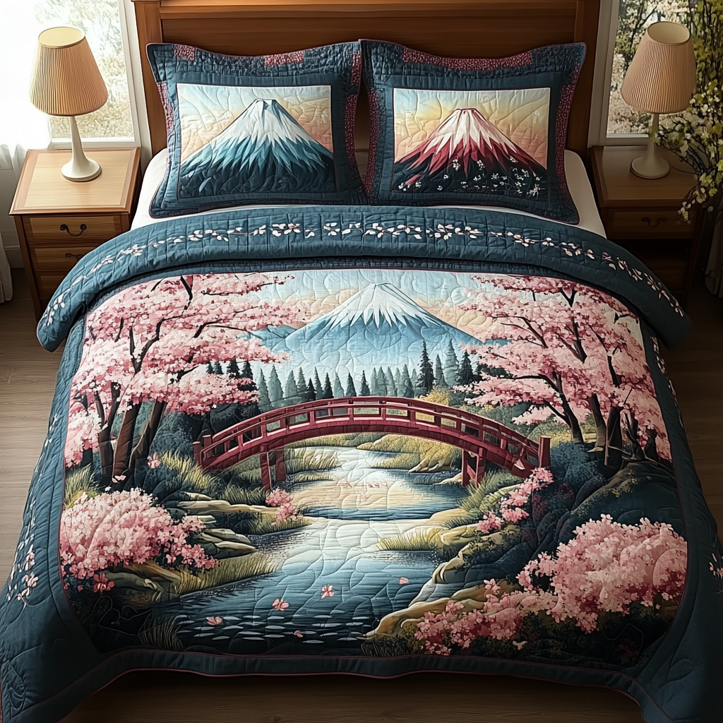 Japanese Garden Bridge 3-Piece Quilted Bedding Set NCU0DV5447